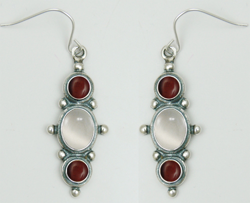 Sterling Silver Drop Dangle Earrings With White Moonstone And Red Tiger Eye